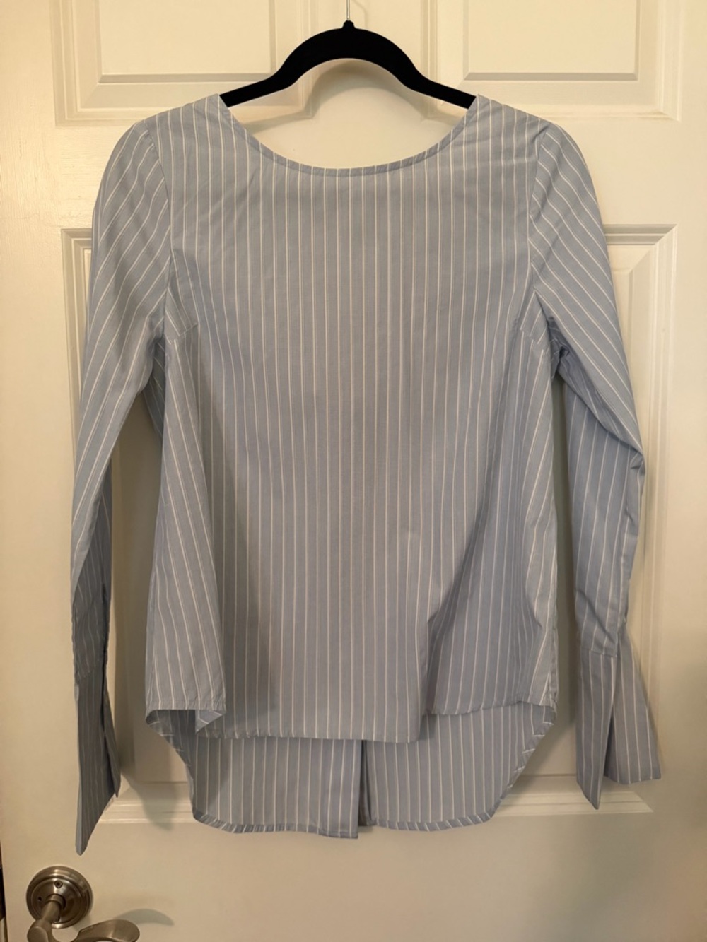 Frame Denim Blue and White Pinstripe Scoop-Neck Button Down